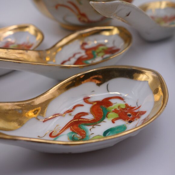 Set of Seven(7) Dragon Gold Color Soup Bowls & Spoons Made in Hong Kong - Picture 13 of 16